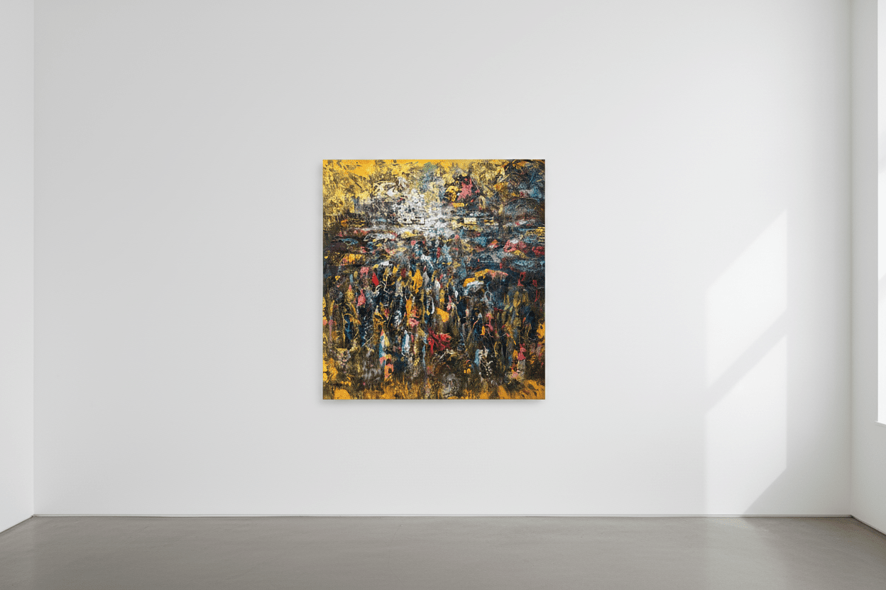 Market" by J.O. Aransiola—a colorful abstract painting inspired by vibrant African marketplaces—hangs on a white gallery wall, sunlight casting soft shadows on the minimalist gray floor and plain white walls.