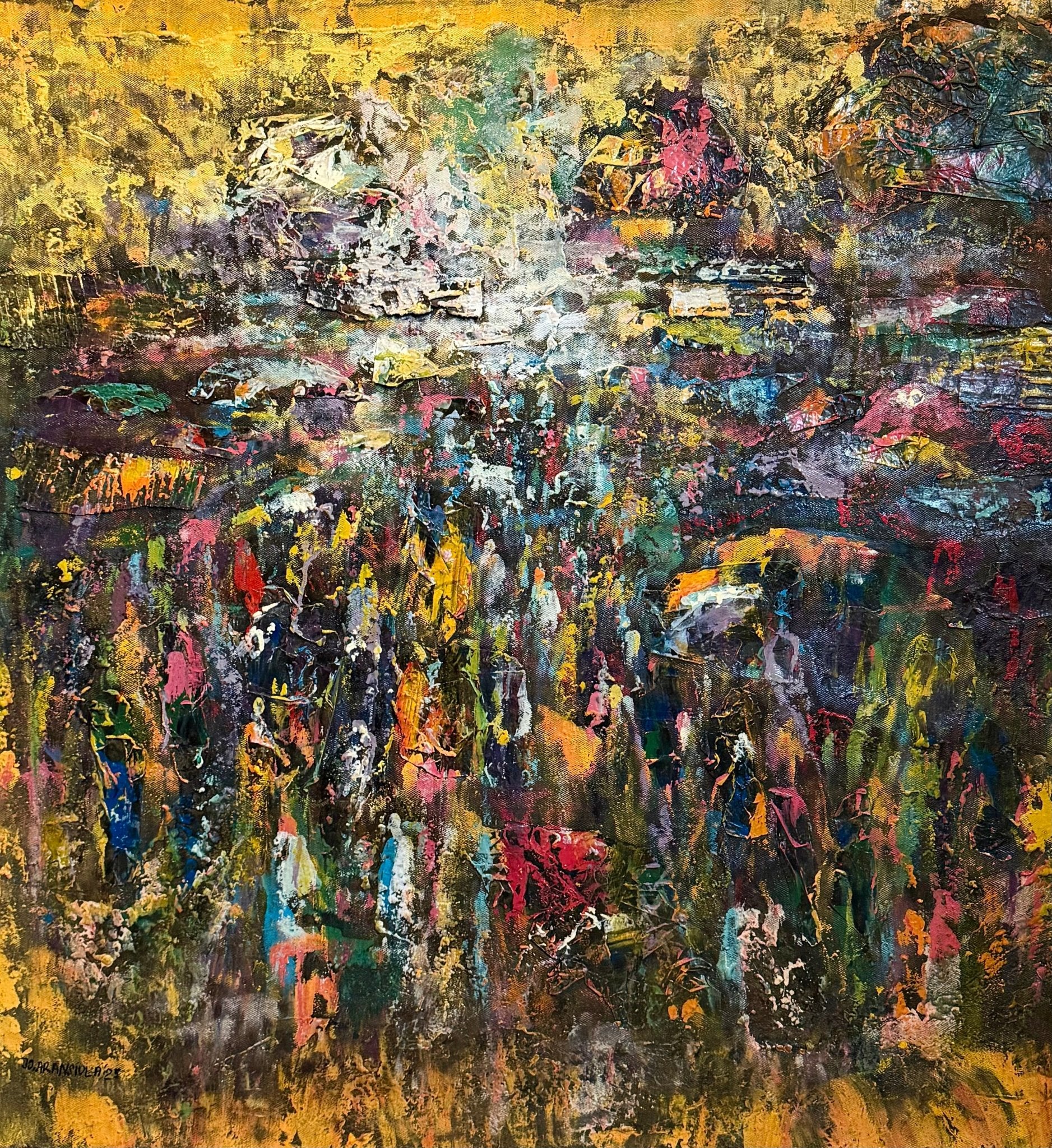Market" by J.O. Aransiola uses vivid yellow, pink, blue, and green to capture the vibrant energy of African marketplaces. Blurred figures beneath a bright sky reflect the lively spirit and dynamic culture of these bustling markets.