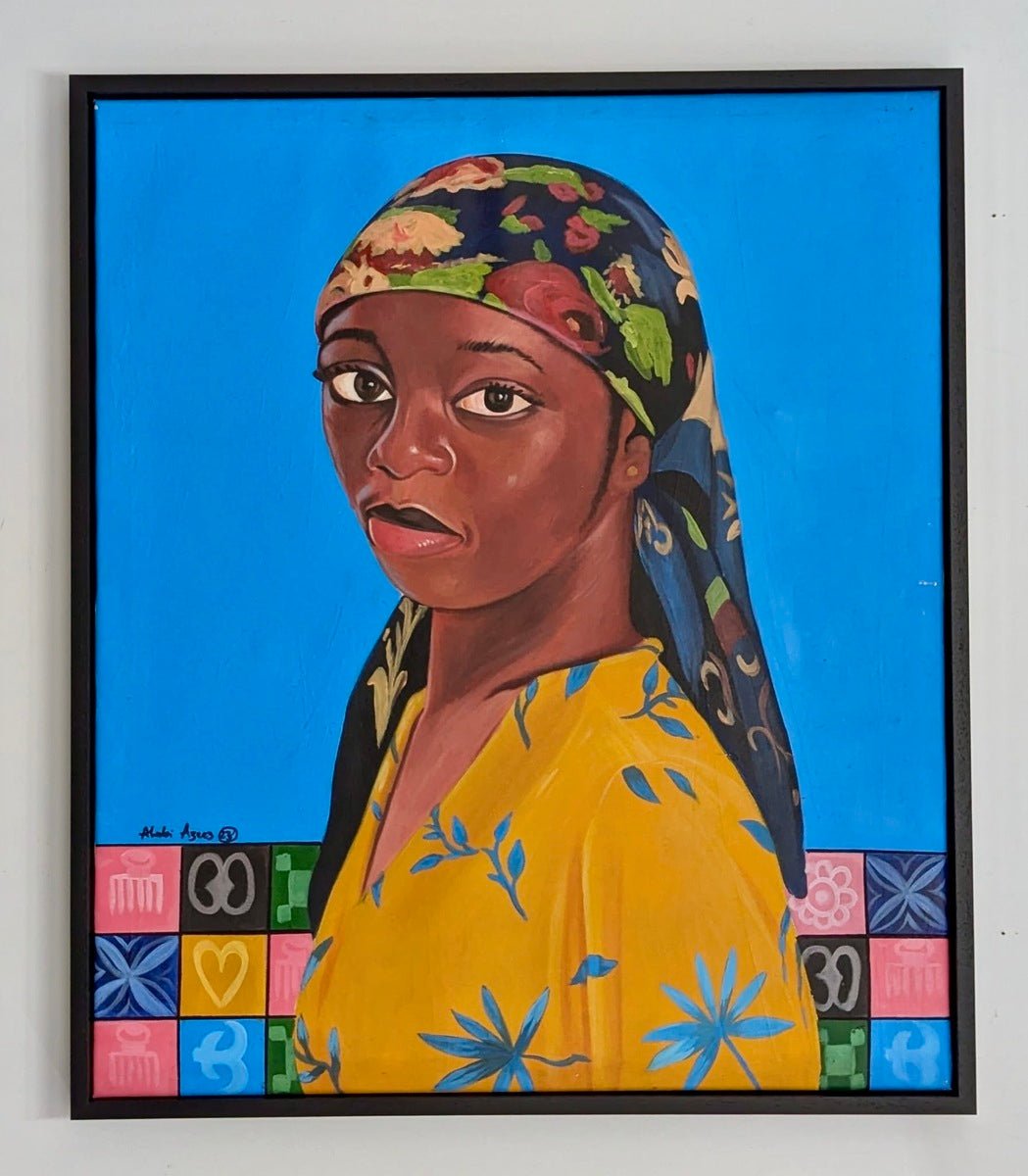 Marthas Flowers" Portrait by Azeez (Alabi Azeez) features a black lady in a floral headscarf and yellow dress with blue flowers, set against a vivid blue background with patterned squares, painted in acrylic on canvas.