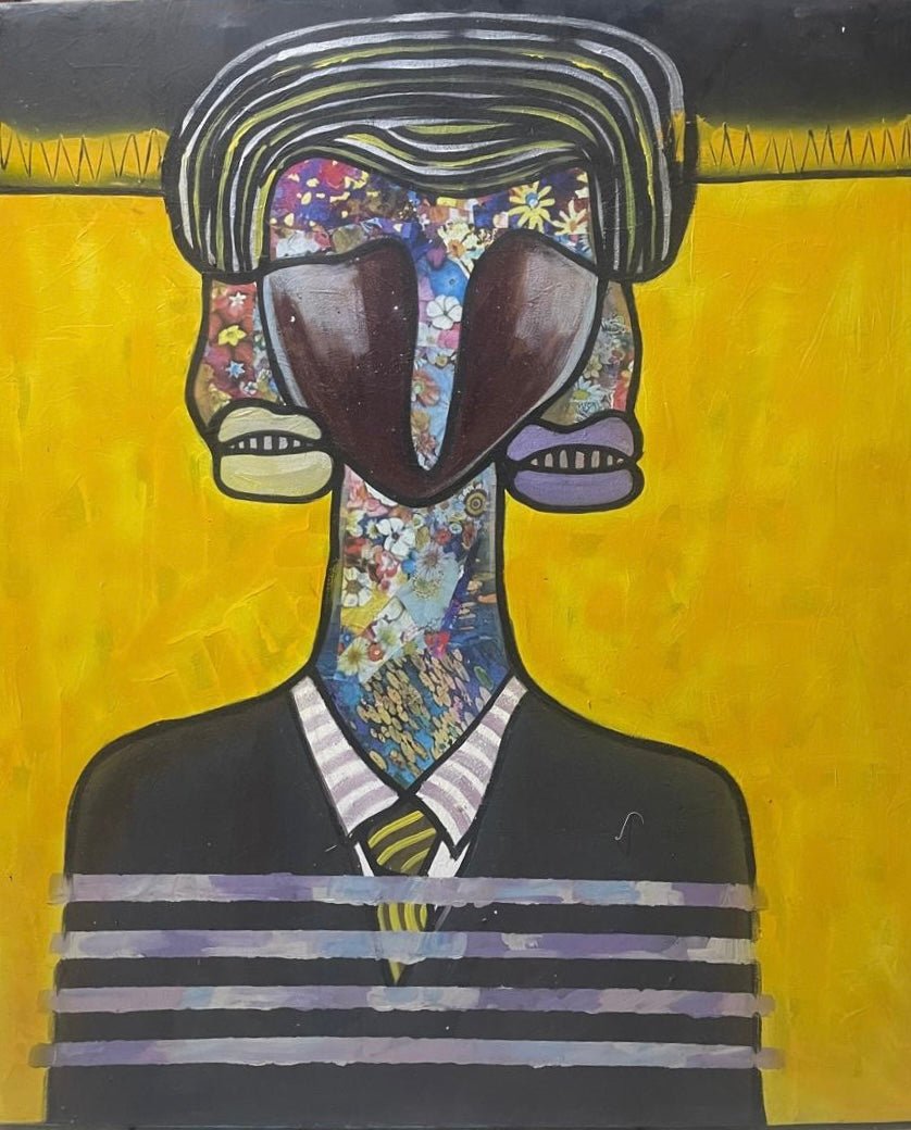 'Meditation' Mixed Media by Achike Anayo: Abstract faceless figure in a suit with a bold, floral-patterned head and vibrant yellow background. Hand-signed artwork with certificate of authenticity included.