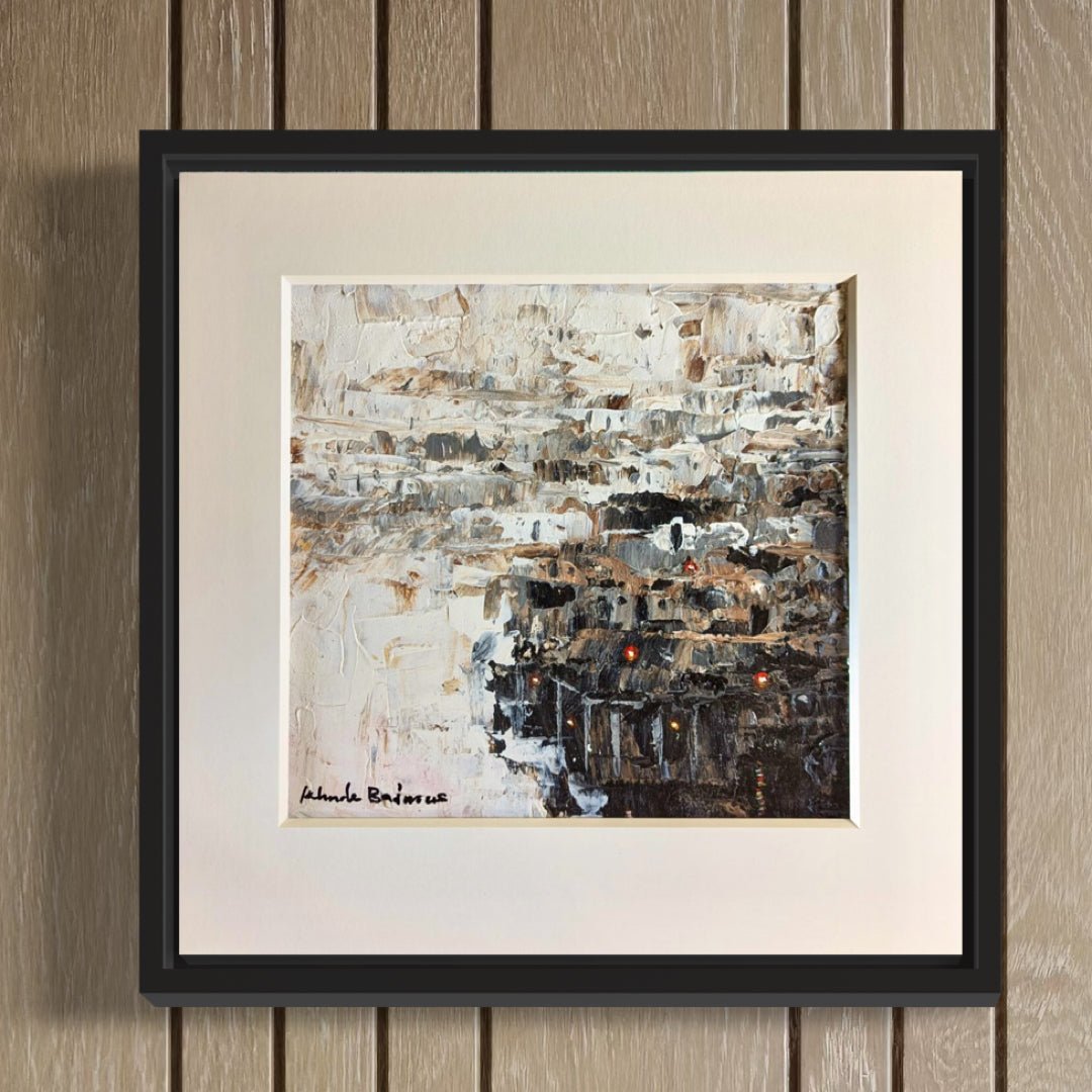 The Miniature Abstract Landscape Kehinde Badmus by Kehinde Badmuss features textured brown, white, and beige acrylic brushstrokes with small orange accents—an eye-catching framed piece for your space.