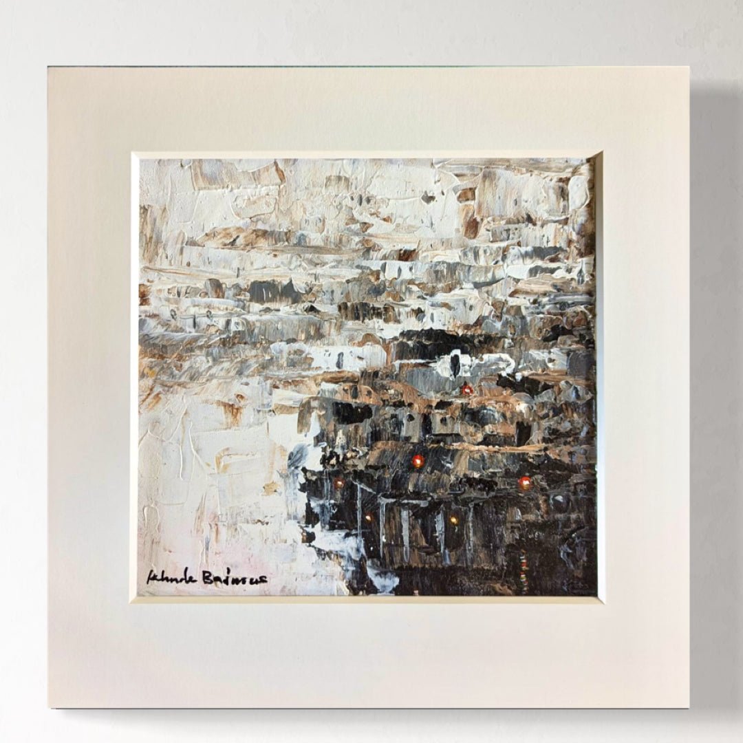 The Miniature Abstract Landscape by Kehinde Badmuss features earthy tones with orange accents, is acrylic on canvas, hand-signed in the bottom left, and comes presented in a white mat and frame.