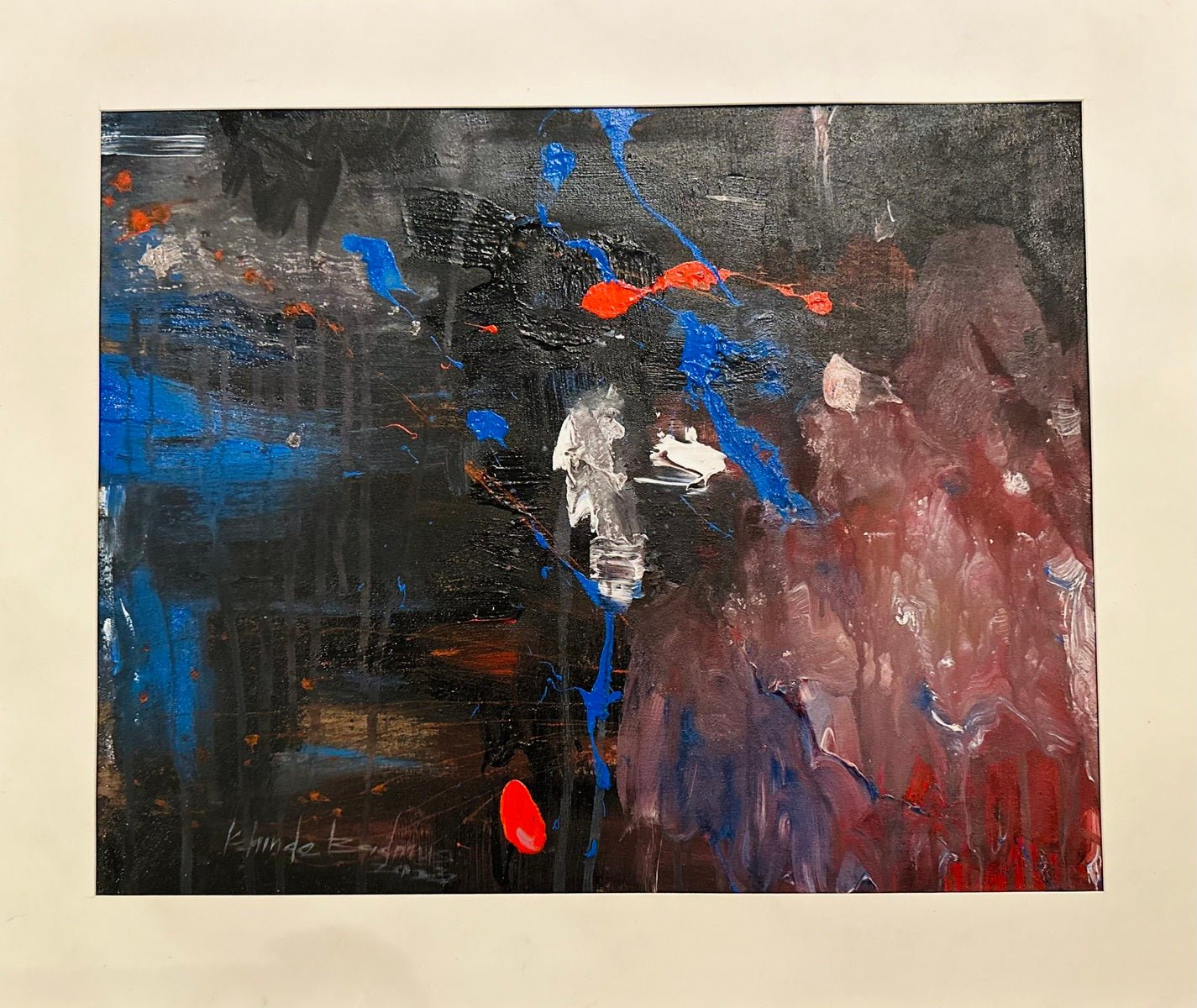 Kehinde Badmuss's Abstract Painting features bold streaks and splashes of blue, red, white, and purple on a dark canvas, accented with textured brush strokes. Hand-signed acrylic on canvas, framed with a white mat.