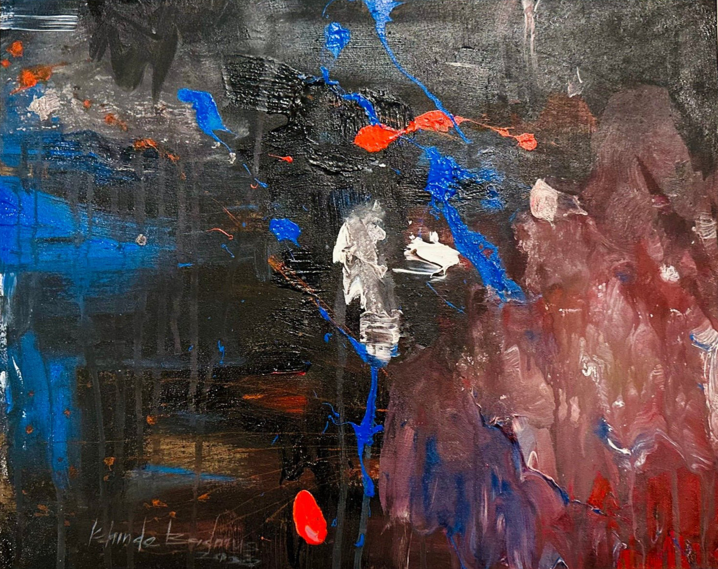 Kehinde Badmuss Abstract Painting—acrylic on canvas with bold blue, red, and white strokes over a dark background, textured blue on the left and reddish-brown right. Hand-signed; certificate of authenticity included.