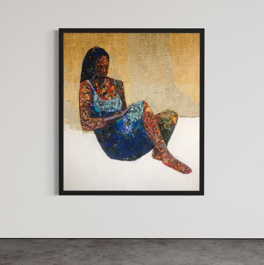 A framed mixed media painting by Seye Morakinyo, titled "Woman In Pages of Writing 'Love Book'," shows a seated woman in vibrant mosaic style, blending warm and cool tones