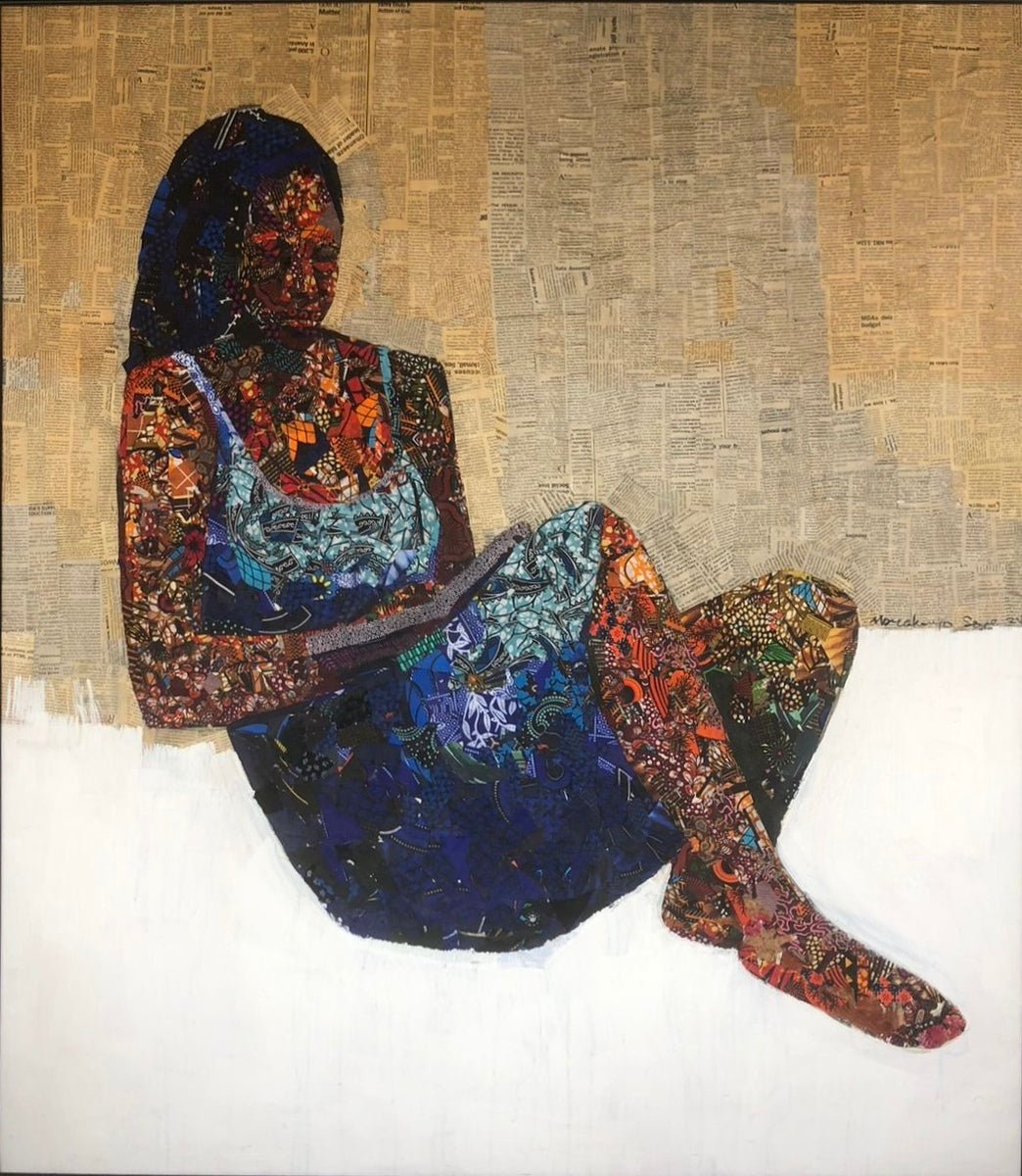 Love Book" by Seye Morakinyo is a mixed media painting depicting a seated woman in a colorful dress, crafted collage-style with layered writing pages and vibrant abstract textures.