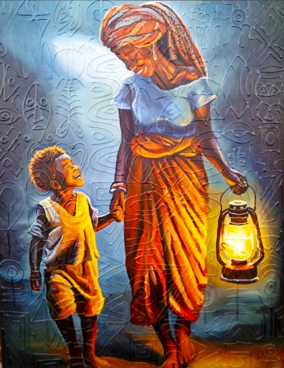 Mother" by Azeez Okulaja features a smiling woman in vibrant clothing holding a lantern and a joyful child's hand, walking together in warm light with abstract patterns—acrylic on canvas, includes certificate of authenticity.