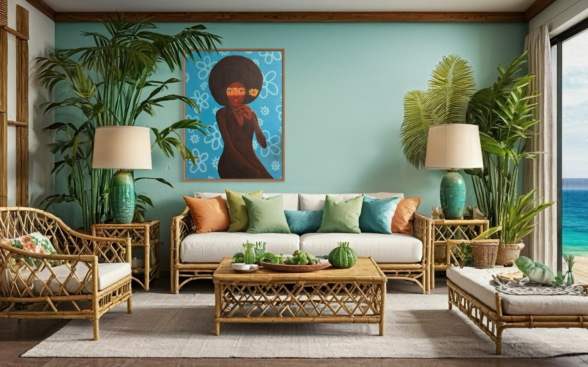 A tropical living room with rattan furniture, green and orange cushions, lush plants, a turquoise wall, and "My Afro 2" by Afuope Opeyemi—a hand-signed acrylic on canvas—overlooking the ocean through open doors.