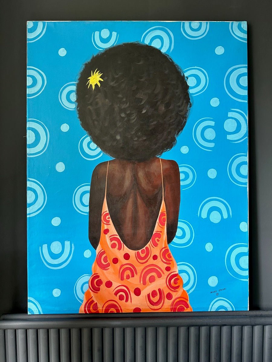 The "My Afro" contemporary African portrait by Afuope Opeyemi features a girl with dark skin and a large afro in an orange dress, seen from behind against a bright blue background with circular motifs.