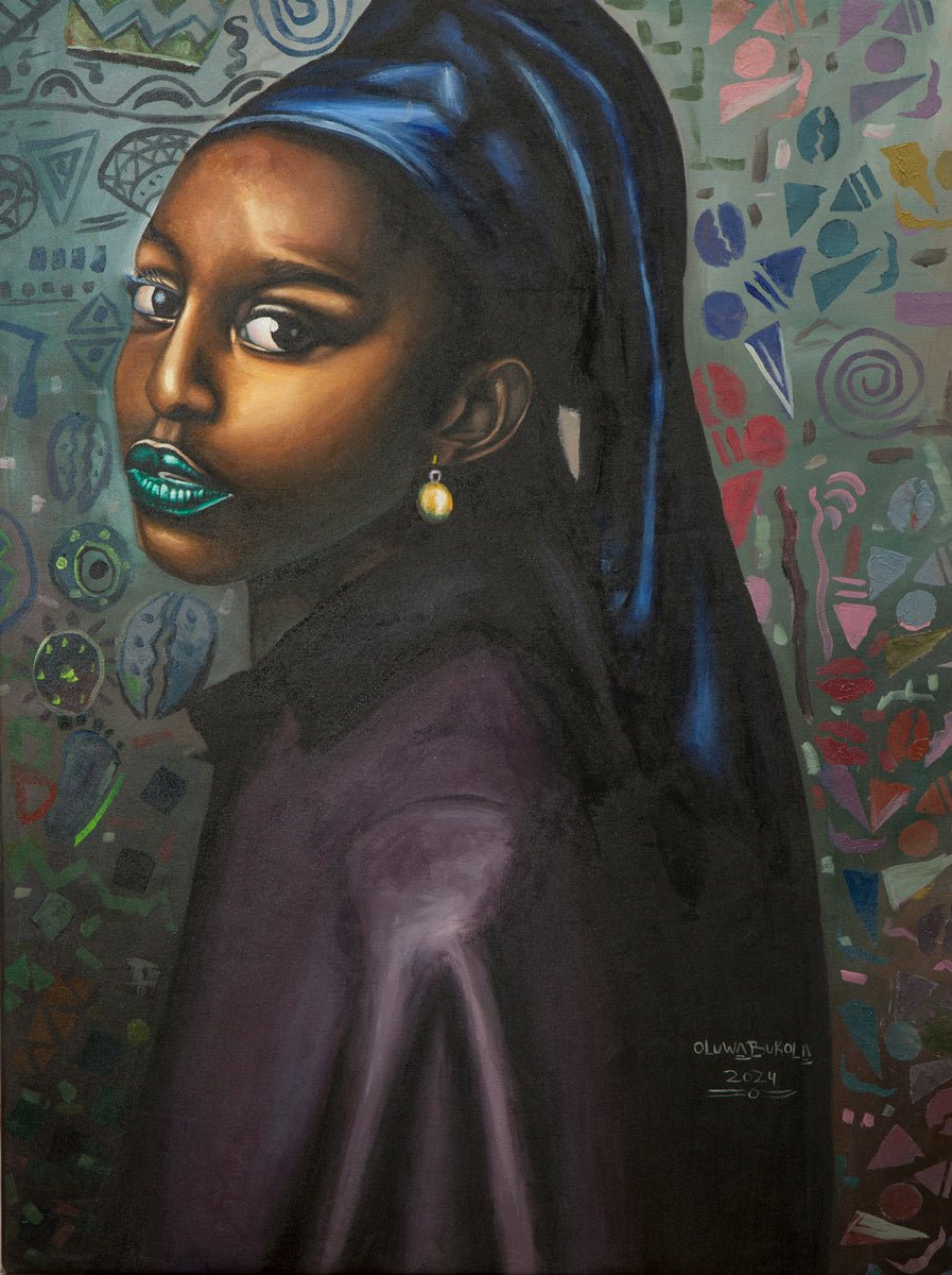 My Style" Girl With A Pearl Earring Reimagined by Oluwabukola—a hand-signed acrylic on canvas featuring a dark-skinned woman with teal lips, pearl earring, shiny blue headscarf, and purple clothing against an abstract colorful background.