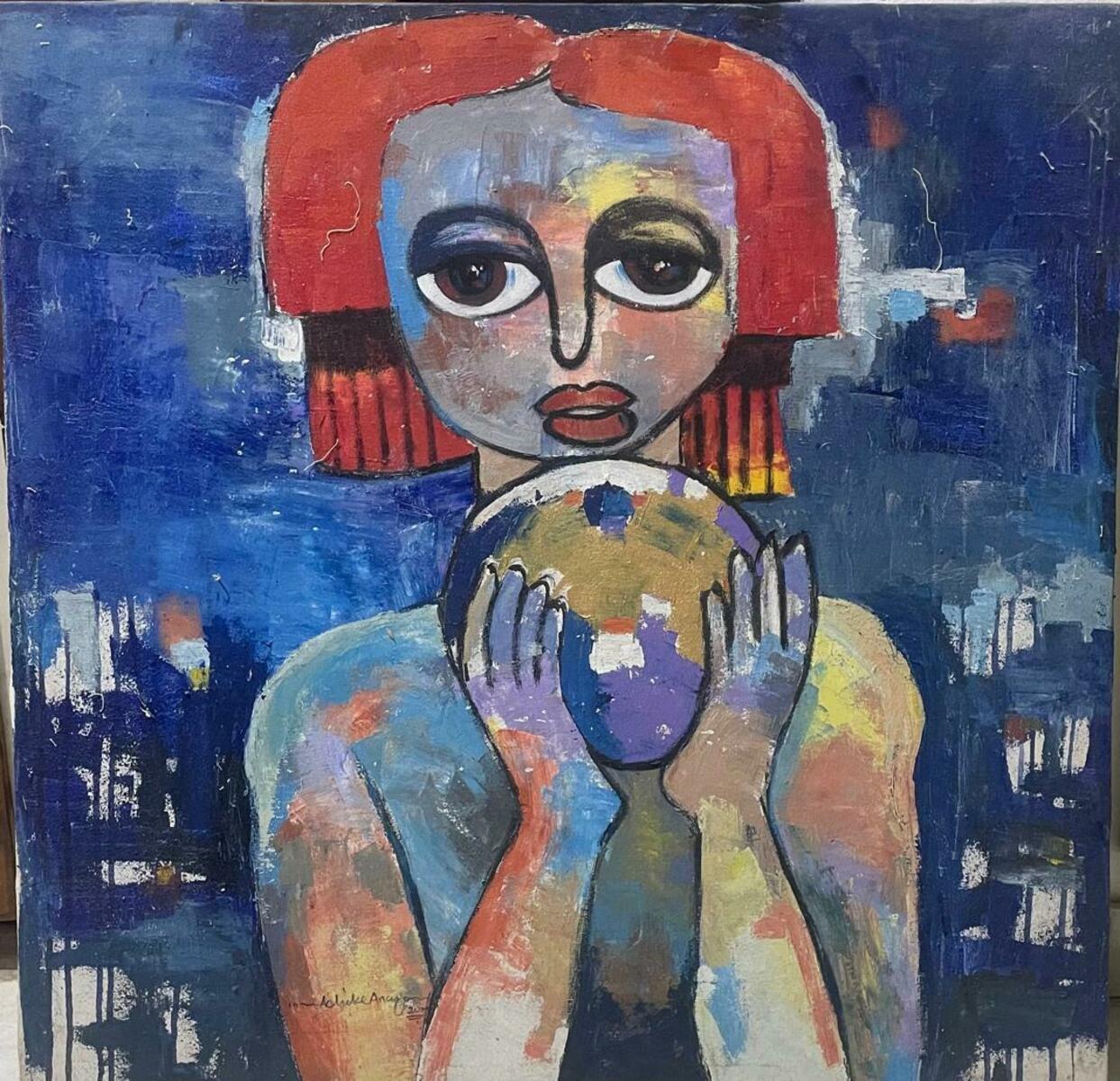“My World, Destiny Is In My Hands” by Achike Anayo features a red-haired figure with wide eyes holding an earth-toned object against a blue dreamlike background. This hand-signed artwork is perfect for collectors seeking original pieces.