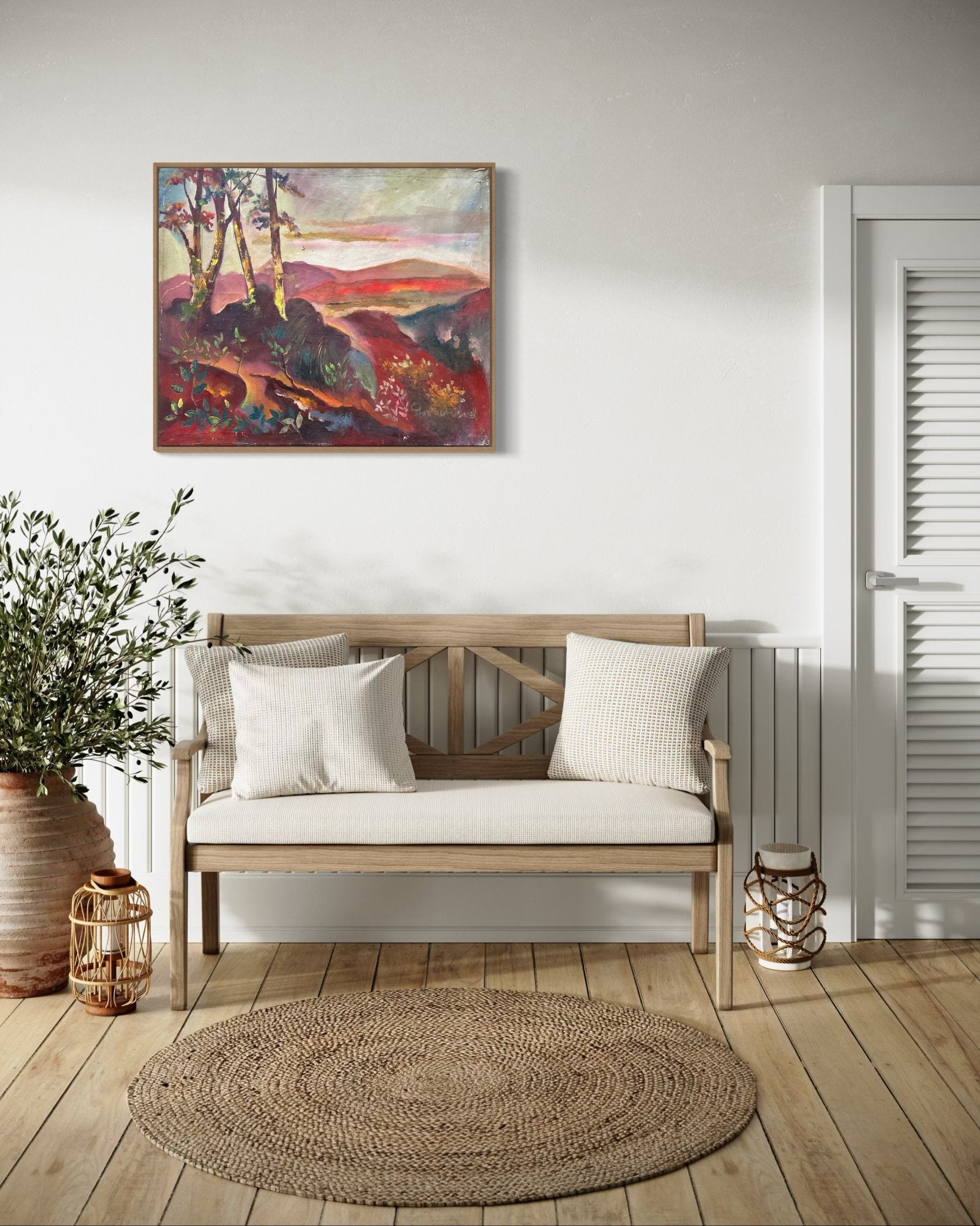 Create a cozy entryway with a wooden bench, beige cushions, round woven rug, potted plant, and "Nature II" original landscape oil painting by Pitar Alakhume above the bench. Includes certificate of authenticity.