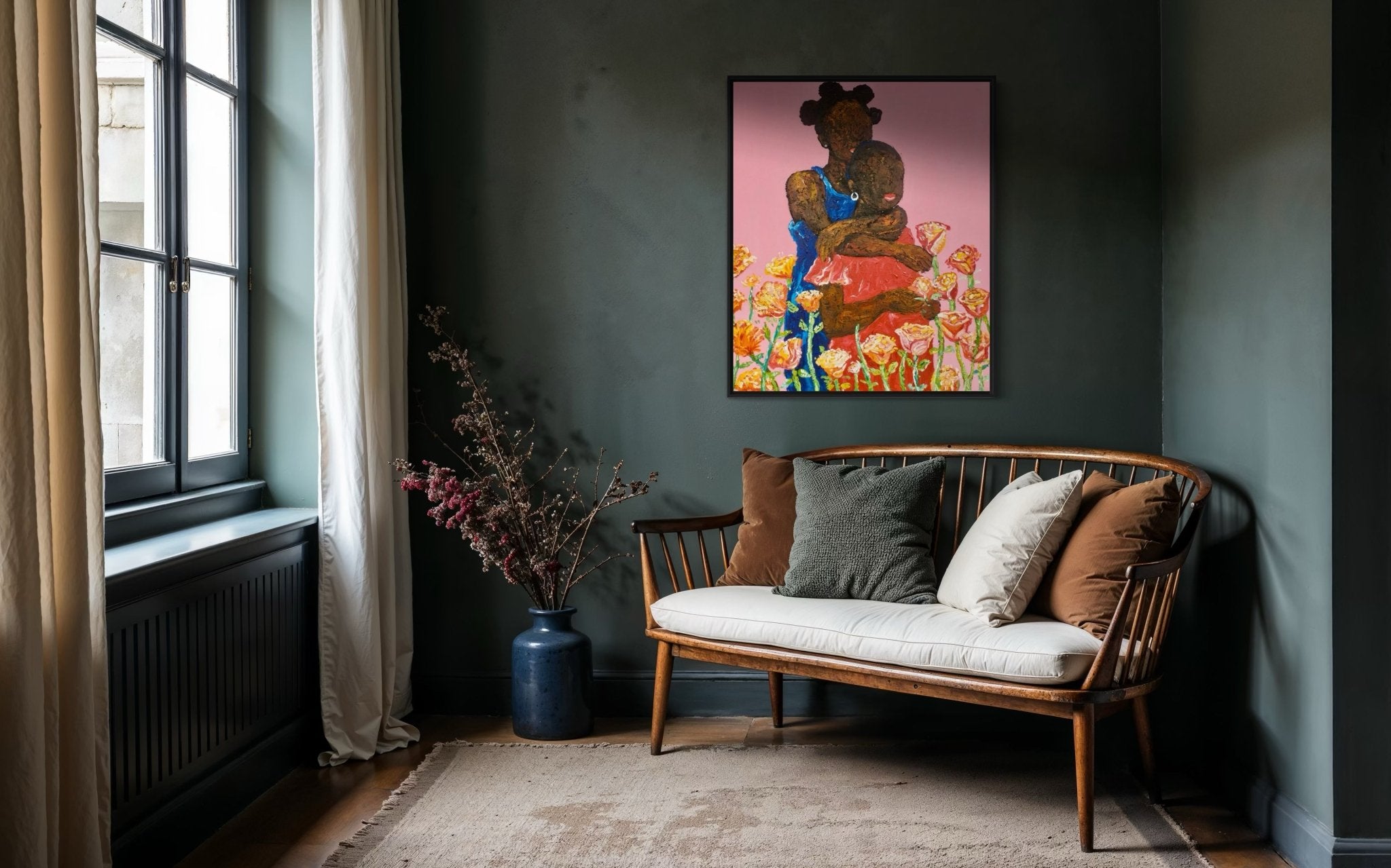 A cozy nook with a wooden bench, brown and green cushions, a beige rug, a vase of branches, and "Companion" by Ola Kuti—a vibrant acrylic on canvas—on a dark green wall near a window with white curtains.