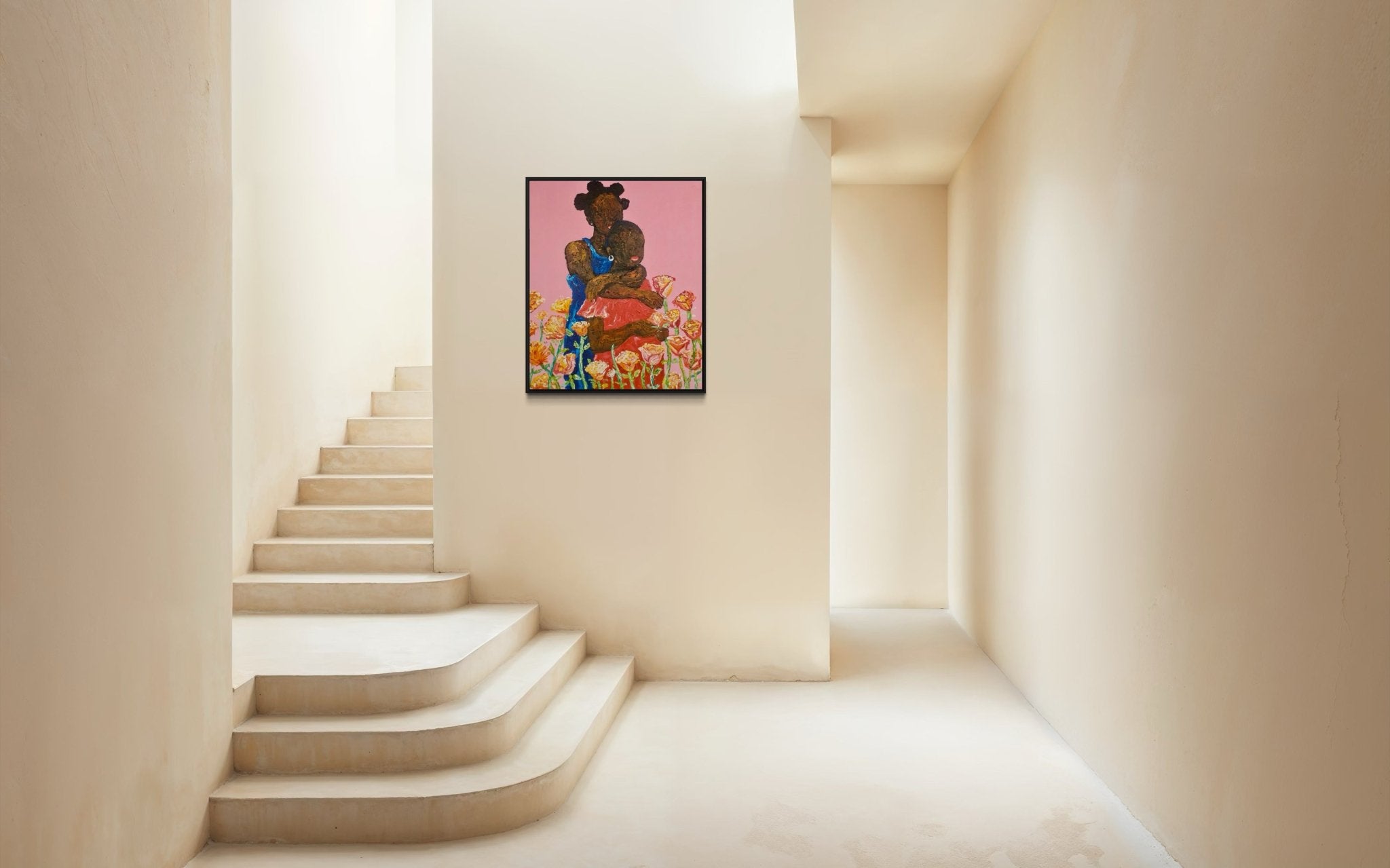 A minimalist, cream-colored hallway with curved stairs on the left features "Companion," an acrylic on canvas by Ola Kuti—a colorful painting of a seated figure in a hat among flowers—hanging above the stairs.