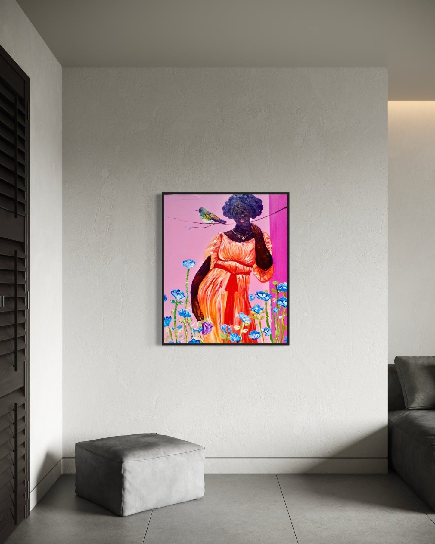 Olajide Kuti – Woman with Bird, Acrylic on Canvas - Bibianna African Art Collective