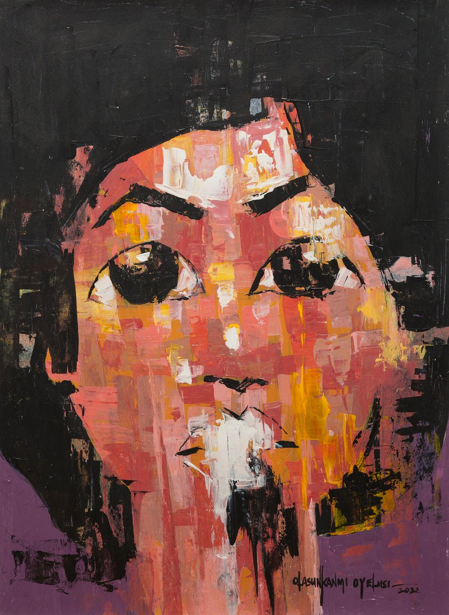 Part of the One of a Kind Series by Olasunkanmi Oyelusi, this original acrylic on paper features a bold abstract face with large dark eyes and vivid strokes of pink, orange, yellow & black; signed by the artist at the bottom right.