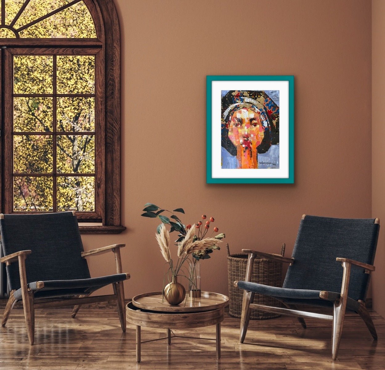 A cozy room with two dark chairs and a round wooden table sits by a brown wall featuring "One of a Kind Series by Oyelusi" from Olasunkanmi Oyelusi. A large window reveals trees with yellow leaves outside.