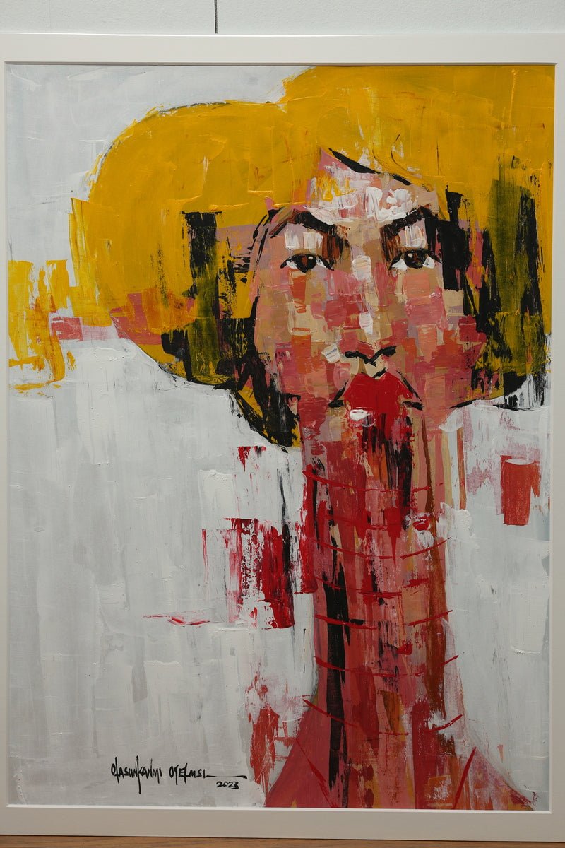 From the "One of a Kind Series by Oyelusi," this original acrylic painting by Olasunkanmi Oyelusi depicts a figure in a yellow hat with bold red and black strokes on white/gray, signed at the bottom and ready to frame.