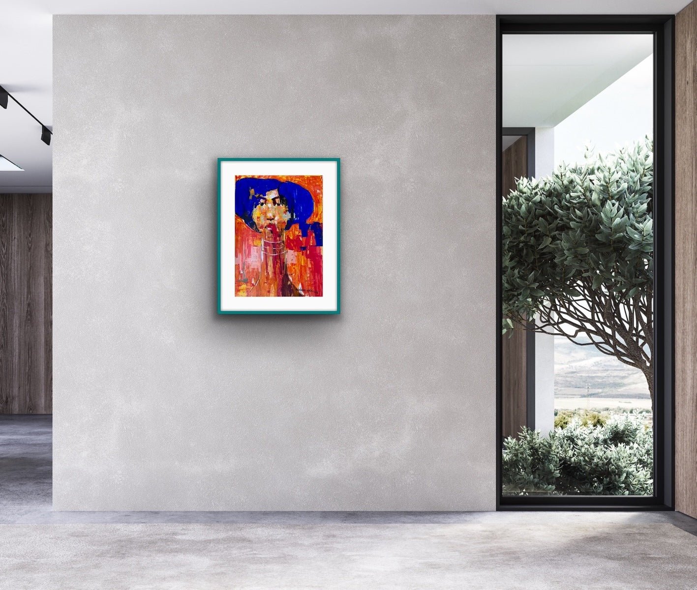 A modern room with a light gray textured wall features "One of a Kind Series by Oyelusi," an abstract acrylic on paper in a teal frame by Olasunkanmi Oyelusi. A large window shows a tree and scenic landscape outside.