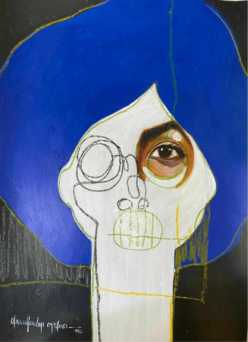 One of a Kind Series by Oyelusi: An original acrylic on paper painting by Olasunkanmi Oyelusi featuring an abstract white face with a blue background, black lines, one brown eye, and unique shapes. Signed at bottom left; ready to frame.