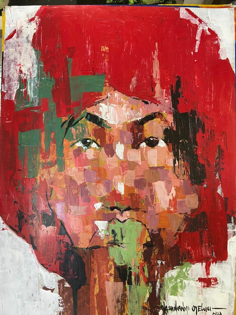 “One of a Kind Series by Oyelusi” from Olasunkanmi Oyelusi: An original acrylic painting on paper, featuring a woman’s face with vivid red hair and bold square brushstrokes in red, green, brown, and white. Artist’s signature at bottom right.