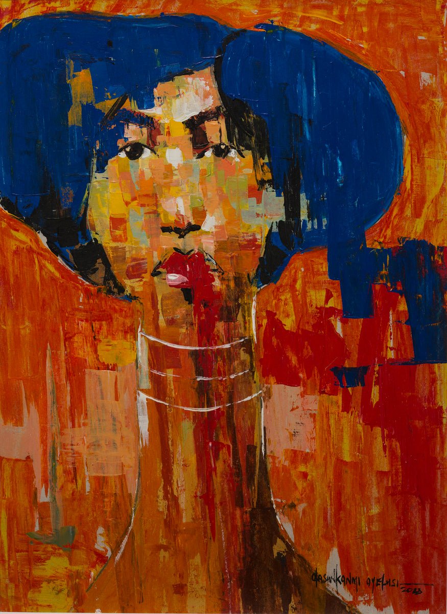 From the One of a Kind Series by Olasunkanmi Oyelusi, this original acrylic painting features a long-necked blue-haired figure with an expressionless face on a red and orange textured background. Bold, expressive brushstrokes.