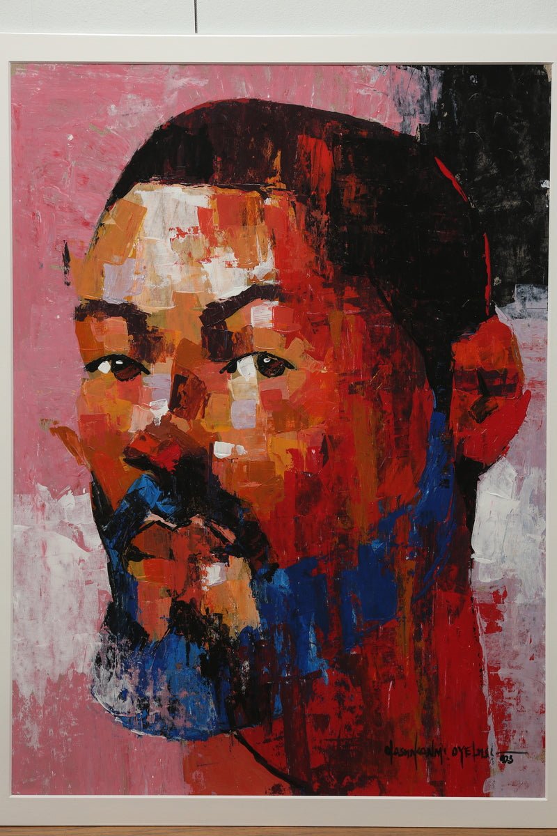 Part of the One of a Kind Series by Olasunkanmi Oyelusi, this bold abstract acrylic portrait features a man's profile in vivid red, orange, blue, black, and white on pink. Hand-signed by the artist and includes a certificate of authenticity.