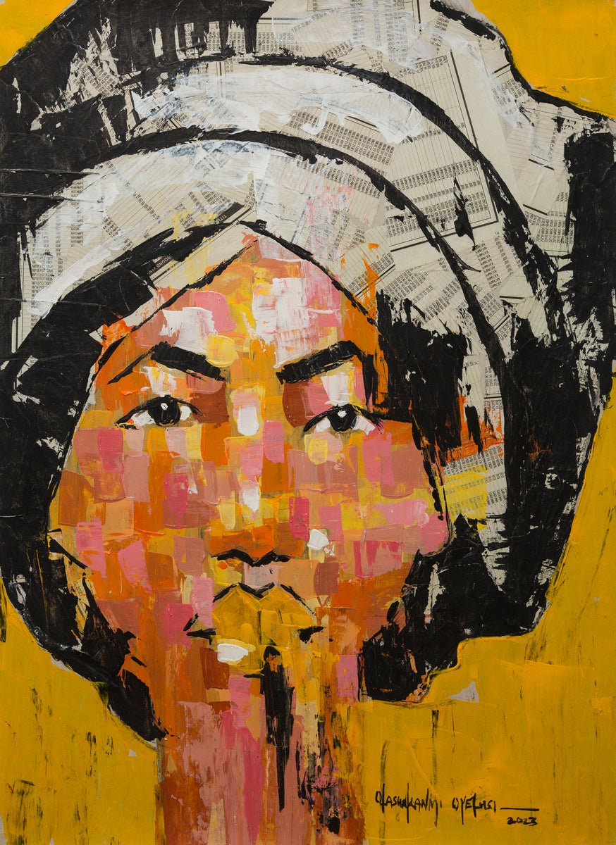 Part of the "One of a Kind Series" by Olasunkanmi Oyelusi, this vibrant abstract acrylic artwork features a person's face with bold pink, orange, and yellow brush strokes, a large headwrap, and a bright yellow background.