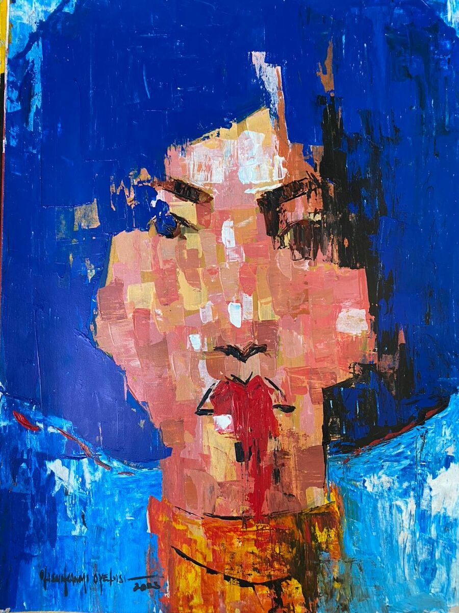 One of a Kind Series by Oyelusi: An abstract face painting with blue hair, expressive eyes, and red lips in vibrant tones. Acrylic on paper by Olasunkanmi Oyelusi—bold, colorful, and ready to be framed.