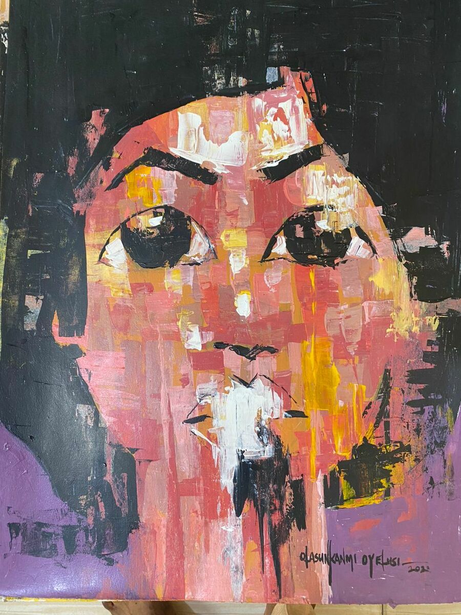 Original acrylic portrait from the One of a Kind Series by Olasunkanmi Oyelusi. Features bold brows, large dark eyes, and vibrant colors in thick brushstrokes on a dark background. Signed at bottom right, ready to frame.