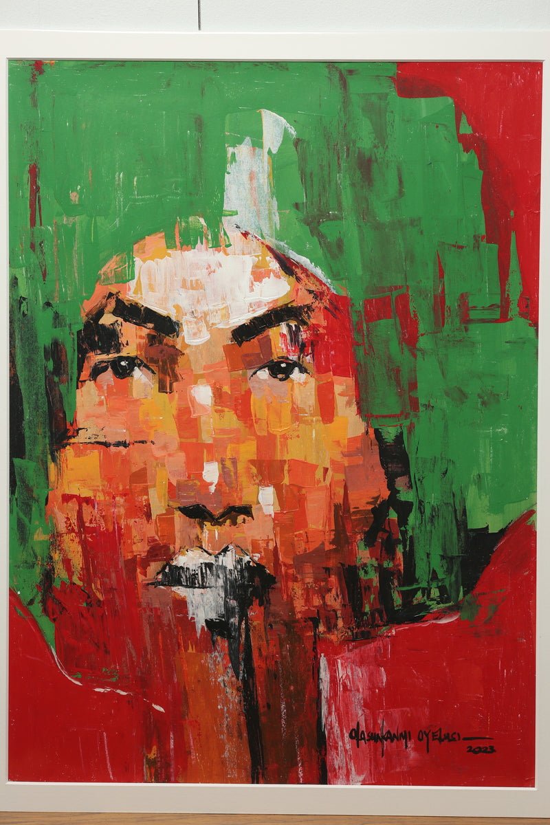 One of a Kind Series by Olasunkanmi Oyelusi: Original abstract face painting in bold acrylics—red, green, orange, and white. Features intense dark eyes and a serious expression. Ready to frame for display.