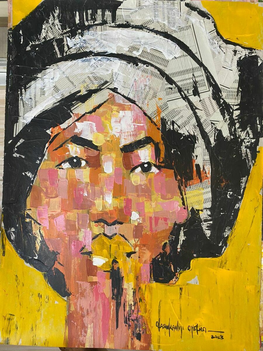 From Olasunkanmi Oyelusi's One of a Kind Series, this abstract acrylic artwork depicts a woman in a newspaper-print white headwrap on a yellow background, painted in bold pinks and browns, and hand-signed by the artist.