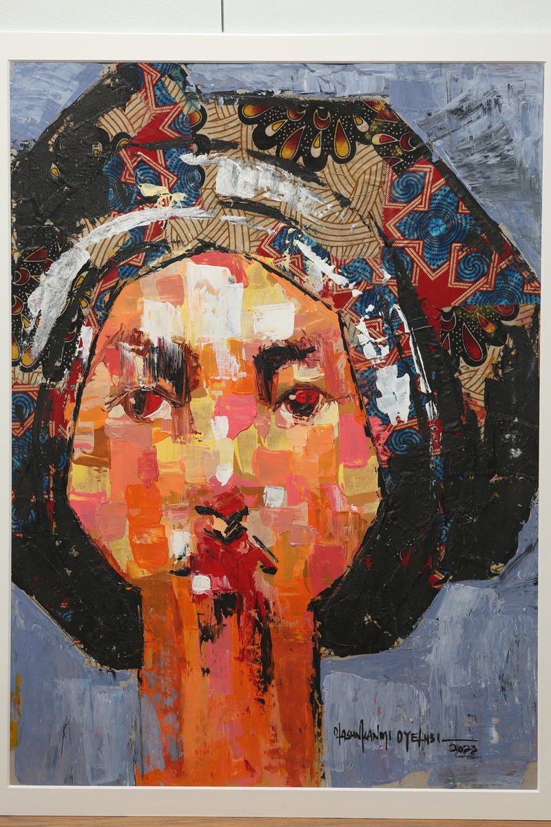 One of a Kind Series by Oyelusi (Olasunkanmi Oyelusi) features a vibrant, abstract woman’s portrait with bold brushstrokes, patchwork textures, and expressive color in acrylic on card.