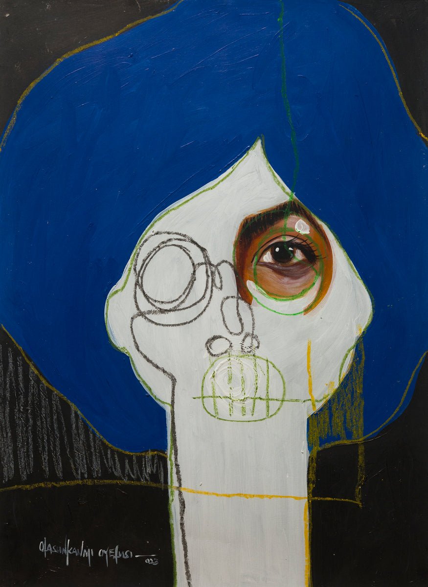 From the One of a Kind Series by Olasunkanmi Oyelusi, this original acrylic painting features an abstract face with a bold blue hair-like shape, a realistic brown eye, sketched details, and geometric accents on a dark background.