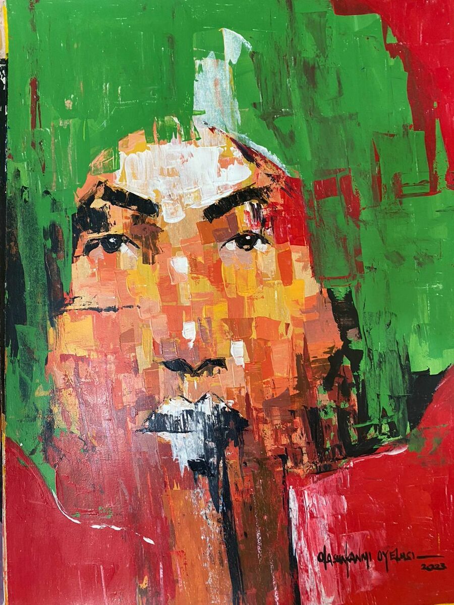 “One of a Kind Series by Oyelusi” by Olasunkanmi Oyelusi features a bold, textured acrylic face in red, green, yellow, and black on paper. Prominent eyes and mouth blend with the background; the artist's signature appears bottom right.