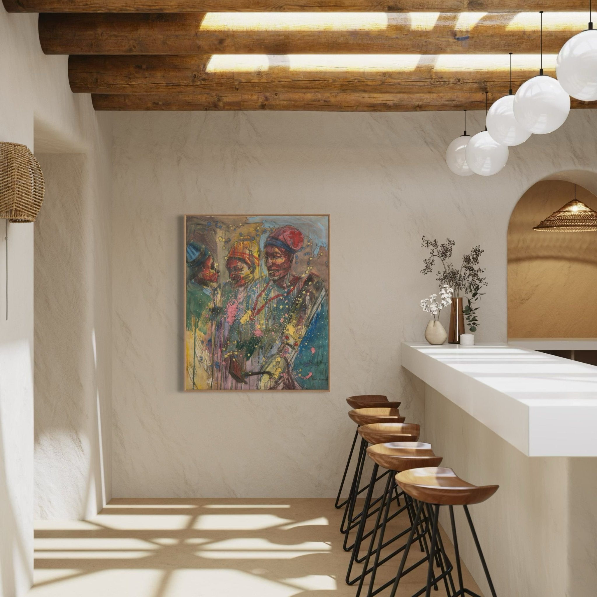 A modern bar with wooden beams, a white counter, globe lights, four bar stools, and "Talking Drum"—a hand-signed acrylic on canvas painting of three people by Pitar Alakhume. A vase with dried flowers sits on the counter.