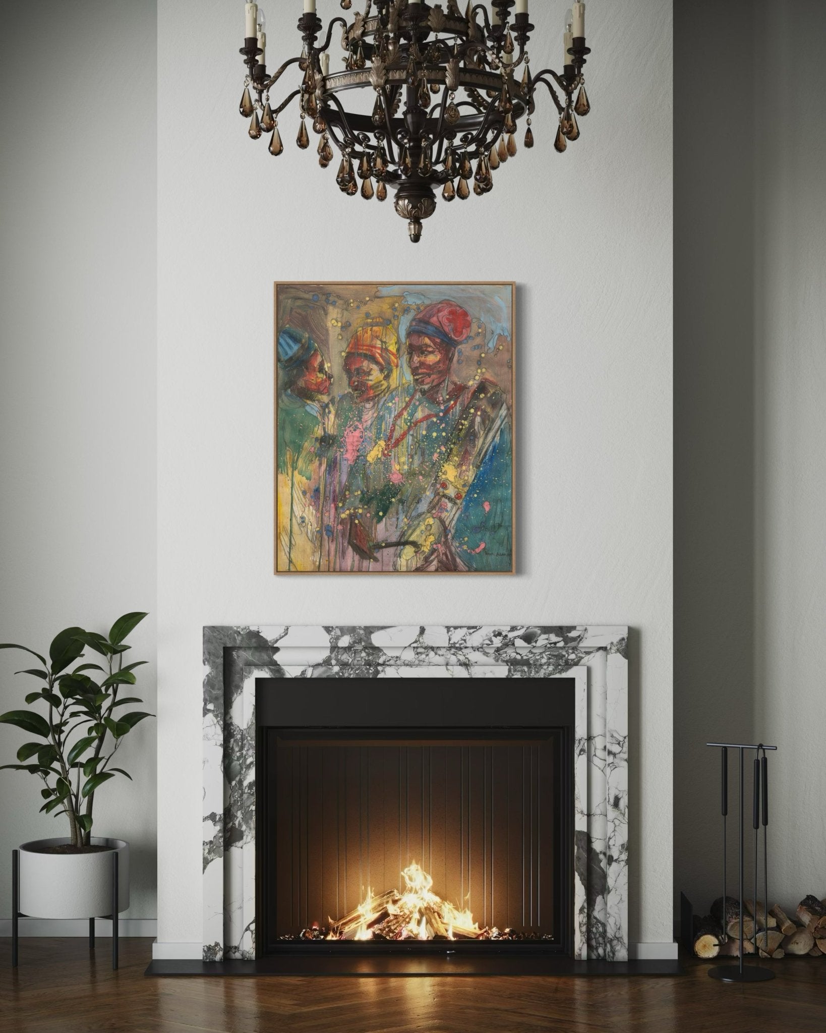 A cozy living room includes a marble fireplace with a lit fire, a potted plant on the left, a chandelier overhead, and ‘Talking Drum,’ an original hand-signed acrylic on canvas by Pitar Alakhume, displayed above the mantel.