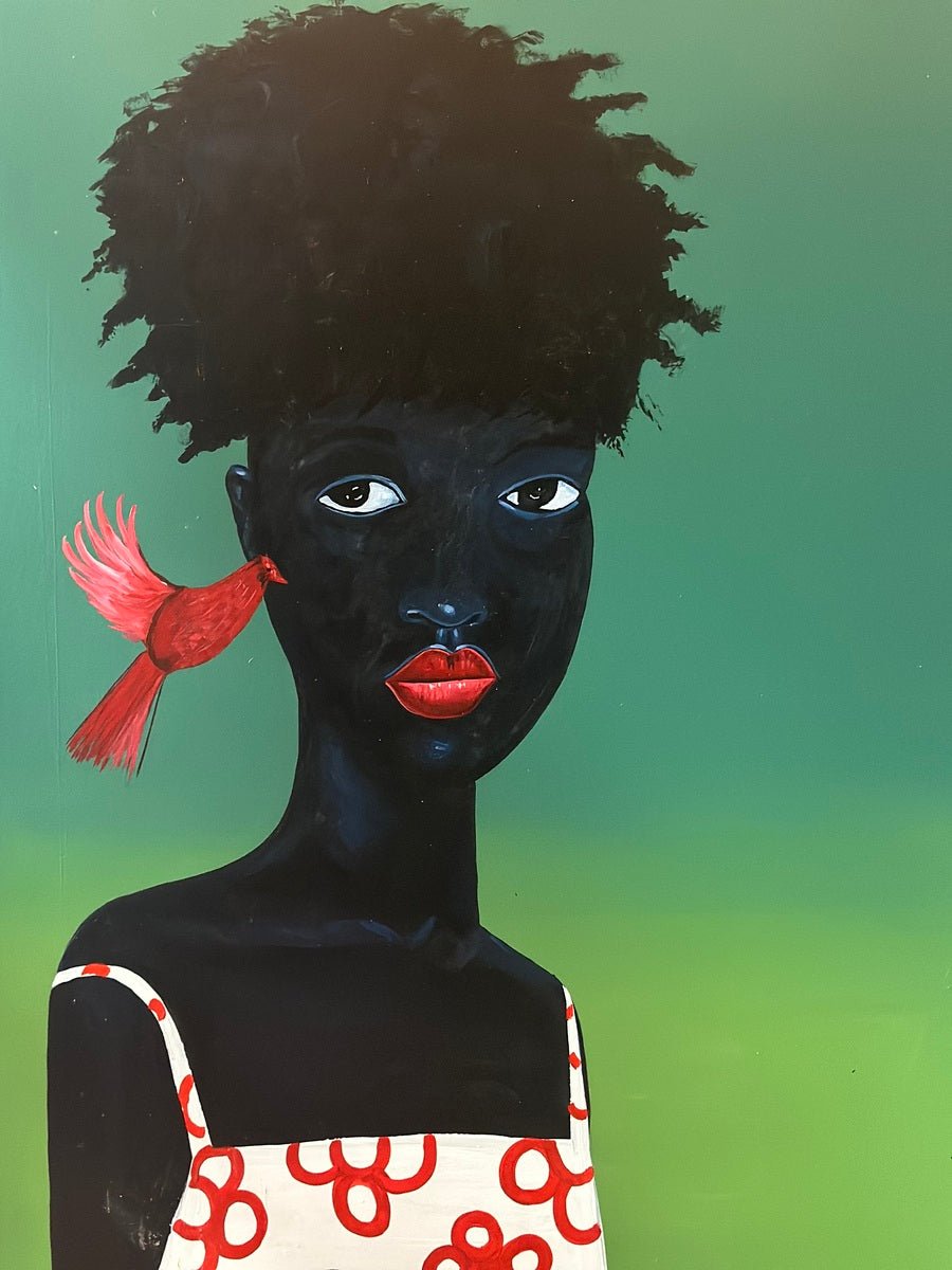 Expressionist Portrait Of A Black Child in White Dress 'Phoenix' by Afuope Opeyemi: An original hand-signed artwork featuring a stylized child with an afro, red lips, red bird, and white dress with red patterns by Afuope Opeyemi.