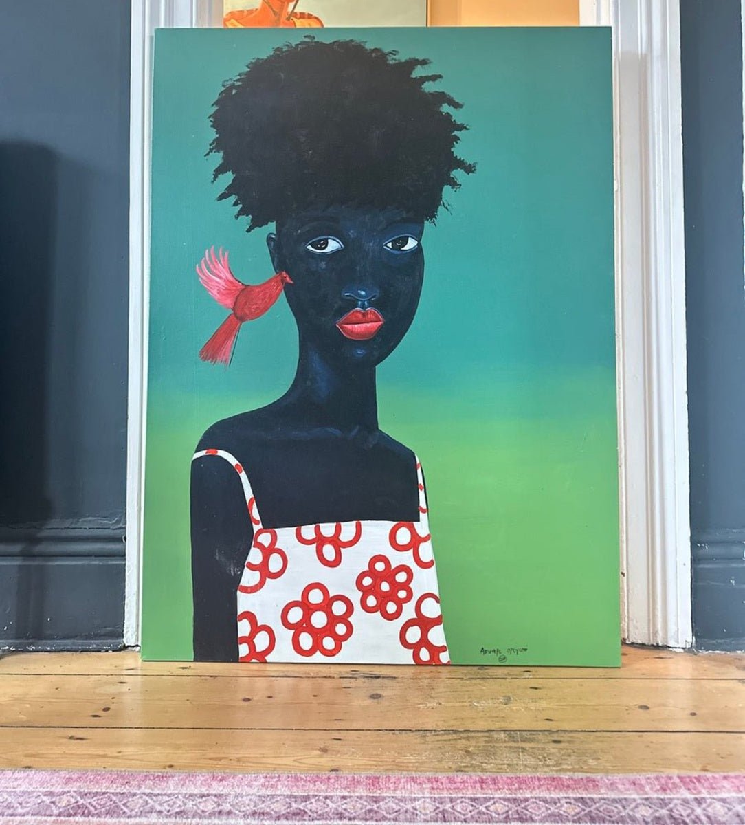 Expressionist Portrait Of A Black Child in White Dress 'Phoenix' by Afuope Opeyemi: Original, hand-signed acrylic on canvas featuring a black child with an afro, bright red lips, and a floral dress, with a red bird in her hair against a green background.
