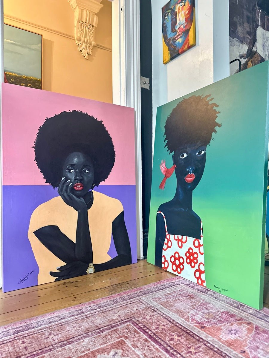 Phoenix" by Afuope Opeyemi is an expressive acrylic portrait of a Black child in a white dress, hand-signed by the artist. This original canvas artwork showcases striking color and emotion.