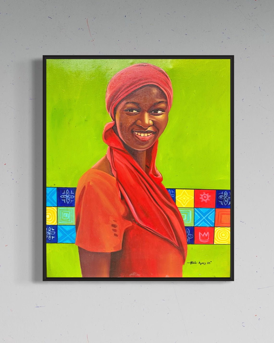 Red Scarf" by Alabi Azeez: a framed acrylic on canvas featuring a smiling Black lady in a red headscarf and dress, set against a bright green background with colorful geometric patterns behind her.