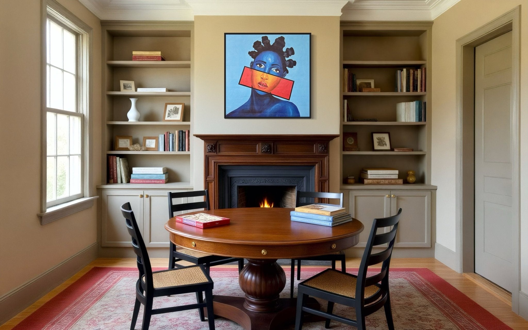 A cozy dining room with a round wooden table, four chairs, books, a lit fireplace, built-in shelves with books and art, and "You Can't Silence Me" by Afuope Opeyemi—a colorful acrylic portrait of an African woman—above the mantel.