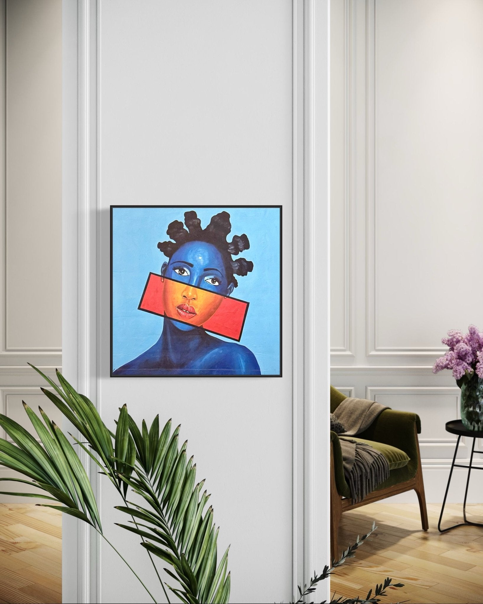 “You Can’t Silence Me,” an acrylic on canvas portrait of an African woman by Afuope Opeyemi, features blue skin with geometric red and orange shapes and comes hand-signed by the artist.