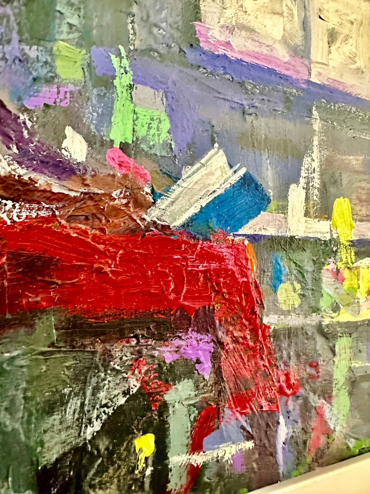 Close-up of "Waiting" by Wande George, a textured abstract painting with thick acrylic brushstrokes in red, blue, purple, green, yellow, and white on canvas for a vibrant, layered effect.