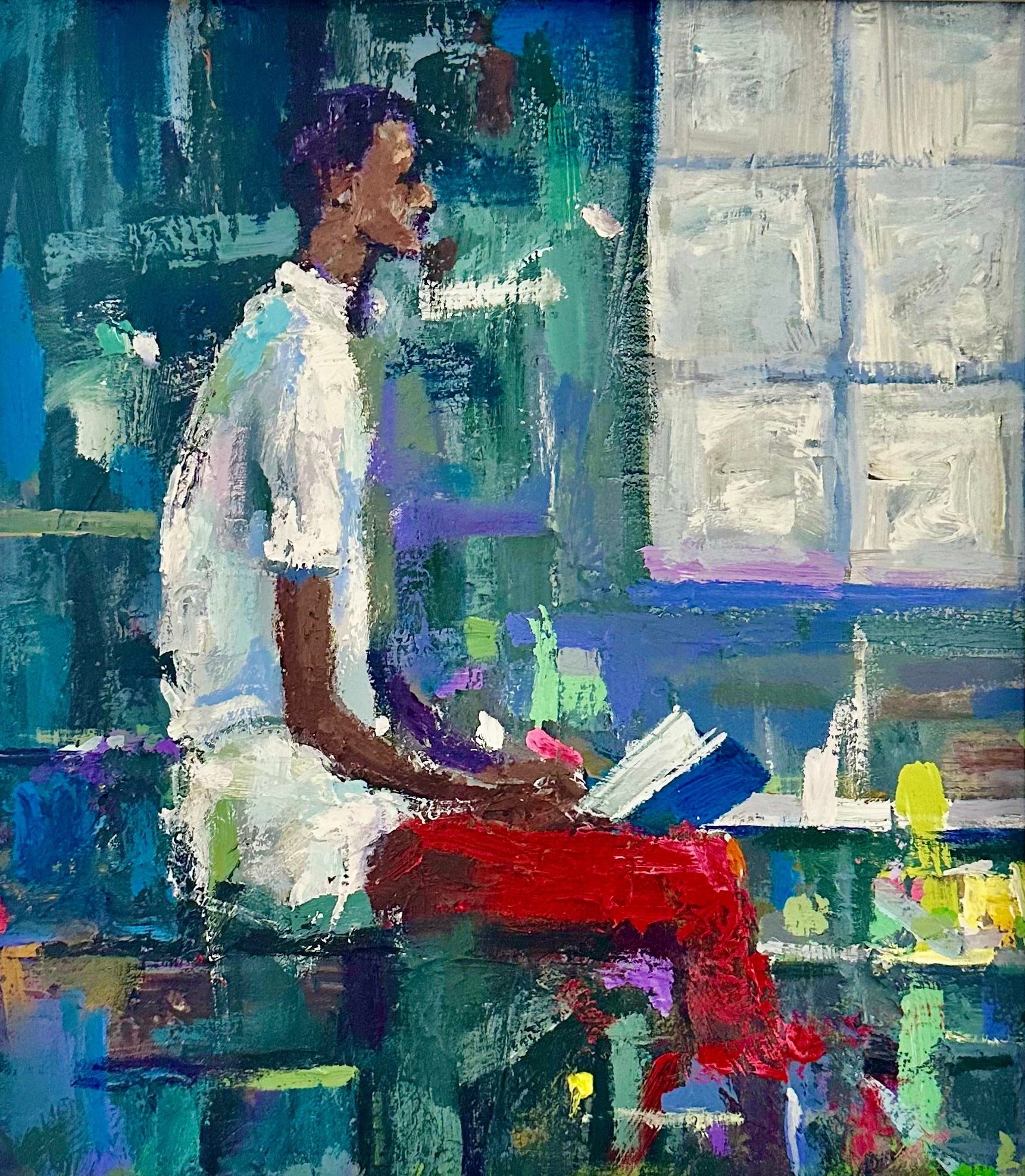 Waiting" by Wande George is an abstract acrylic on canvas of a dark-skinned figure in a white shirt and red pants reading near a window, set among vivid blue, green, and purple tones by this Nigerian contemporary artist.
