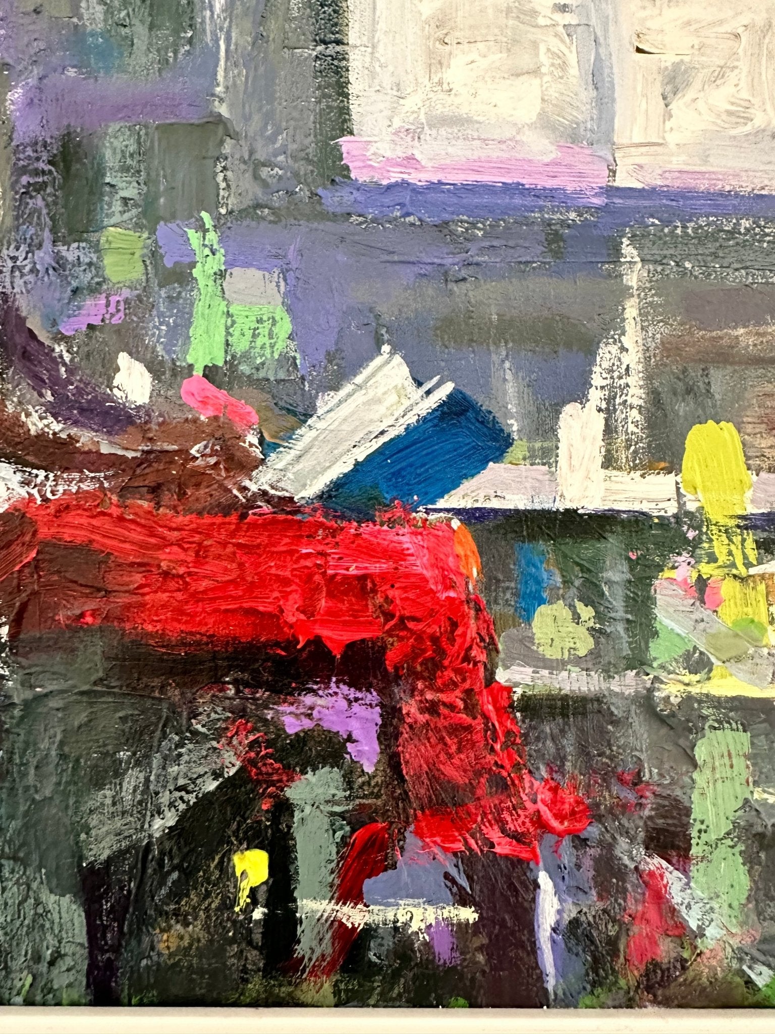 Waiting" by Wande George is a Nigerian contemporary abstract painting featuring bold red, purple, green, blue, and yellow brushstrokes. A central blue and white form suggests an open book on a vibrant acrylic-on-canvas background.