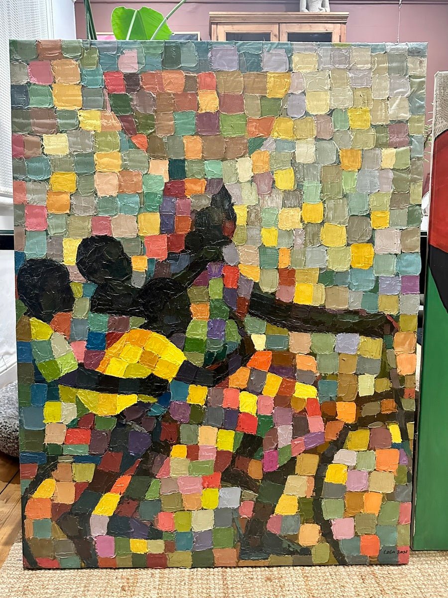 Power in Mother" by Lola is a vibrant mosaic-style acrylic on canvas featuring three abstract dancing silhouettes against a lively, multicolored patchwork. Hand-signed and comes with a certificate of authenticity.