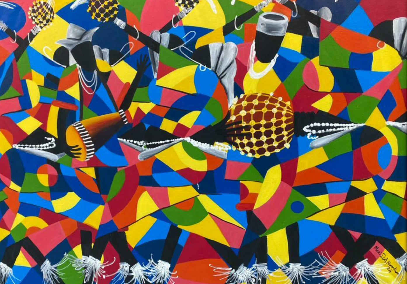 Masquerade Dance" by Mazi Dankwokwo is a colorful abstract acrylic painting of African dancers in vibrant costumes with drums, featuring geometric blue, yellow, red, and green patterns. Hand-signed by the artist.