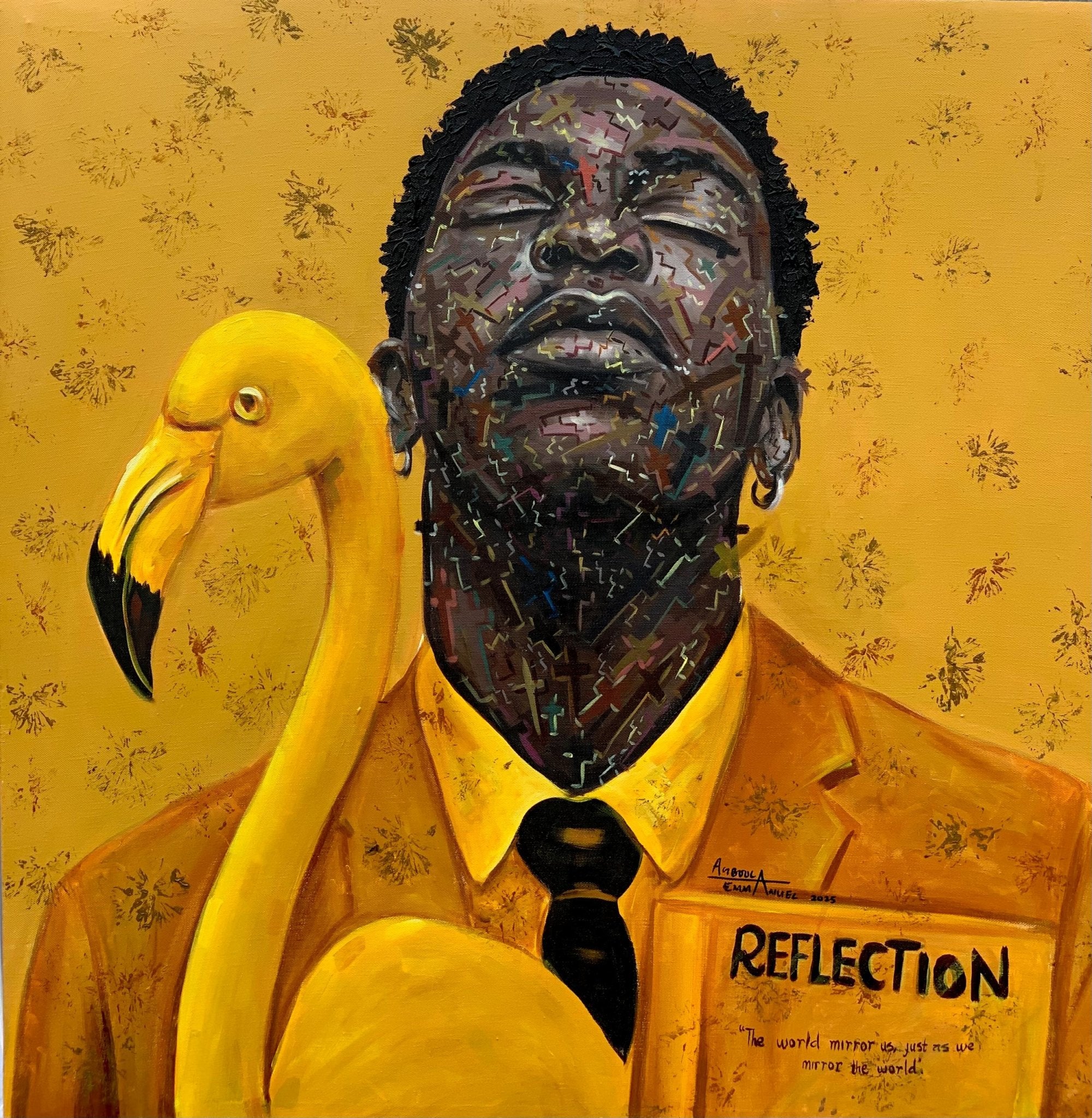 ‘Reflection’ is an original acrylic on canvas by Agboola Emmanuel I, depicting a man in a yellow suit with a flamingo, eyes closed, clutching a book titled REFLECTION against a patterned yellow background. Art 2025.