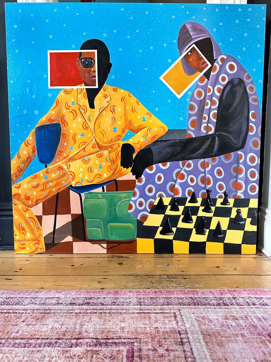 Renaissance Man" by Afuope Opeyemi is a retro acrylic on canvas painting depicting two dark-skinned figures with abstract faces playing chess—one in a yellow suit, the other in purple and gray—set against a blue, dotted background.